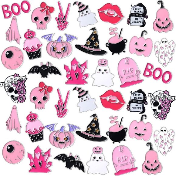 Accessories - Pink Halloween Enamel Pins 40 Pack Cute Skull Bat Brooches Accessories